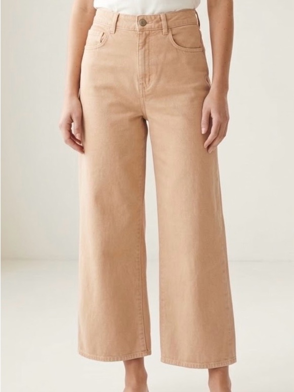 Massimo Dutti Tan Cream High Rise Wide Leg Cropped Premium Denim Jeans Sz 6 EUC